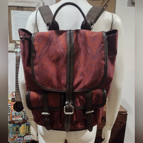 Robert Graham Stellen Rucksack Silk & Leather Backpack Paisley Red & Purple - Picture 7 of 13